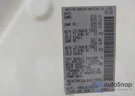 2016 Nissan Rogue Sl from USA, damaged, VIN 5N1AT2MT2GC847991